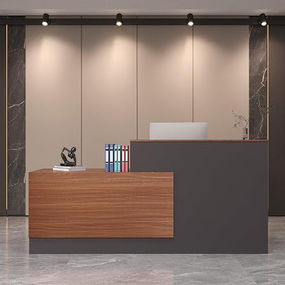 L-Shaped Reception Desk with Lockable Drawers, Adjustable File Cabinet & Keyboard Tray, Modern Front Counter for Office, Salon, or Lobby (Right-L Walnut/Slate Gray, 86.6''L x 23.6''W x 41.3''H)