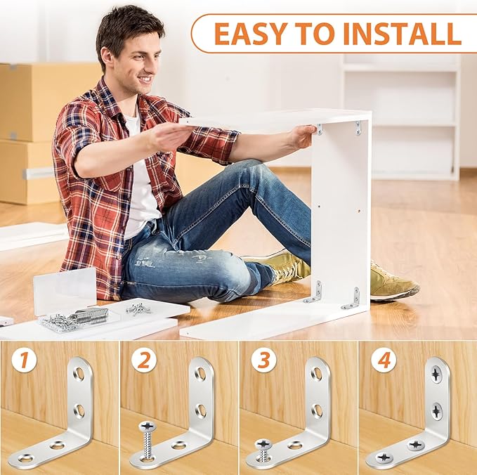 32 PCS L Bracket, Heavy Duty L Brackets for Wood Shelves, with 100* Screws, 90 Degree Stainless Steel Corner Angle Bracket Metal Shelf Brackets Corner Cabinet, 16*(1.6x1.6in), 16*(0.8x0.8in)