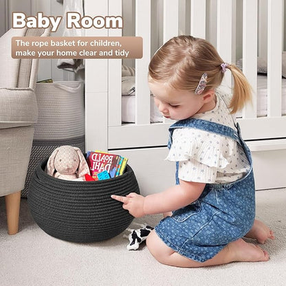 Goodpick Small Rope Storage Basket, Black Round Baskets for Socks, Dog Toys, Towels, Cute Baby Basket for Living Room, Bedroom, Nursery, Towel Baskets for Bathroom, 10 x 8.3 inches