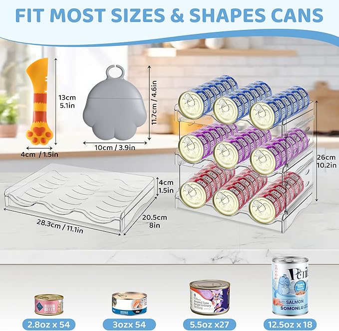 Cat Food Can Organizer, 3 Layer Clear Acrylic Cat Food Storage Rack Holds 54 Cans, Includes Pet Can Spoon & Silicone Can Cover, Canned Food Organizer for Countertop Kitchen Cabinet