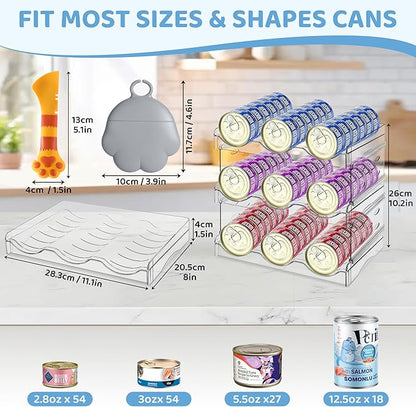Cat Food Can Organizer, 3 Layer Clear Acrylic Cat Food Storage Rack Holds 54 Cans, Includes Pet Can Spoon & Silicone Can Cover, Canned Food Organizer for Countertop Kitchen Cabinet