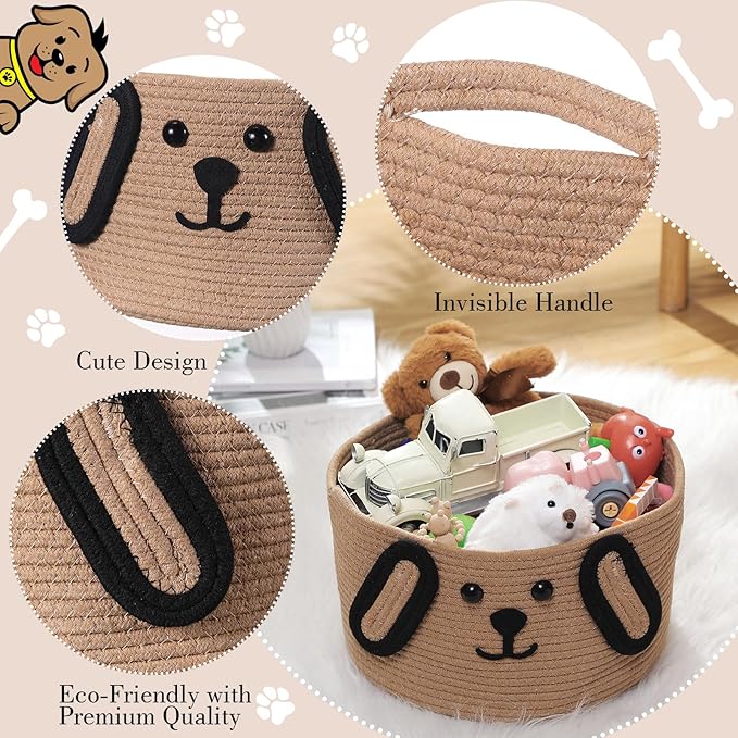 Zopeal Dog Woven Basket, 11.8" D x 6.7" H Cotton Rope Toy Storage Organizer, Dog Mom Gift Empty, Cute Laundry Puppy Gift Animal Basket for Clothes, Towels, Toy, Laundry, Bathroom, Home(Khaki, Black)
