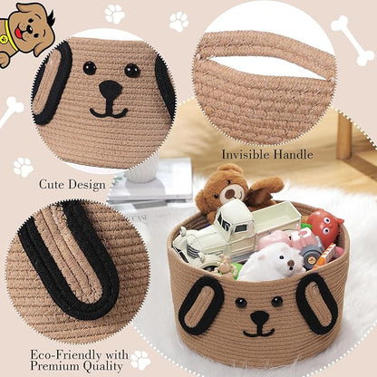 Zopeal Dog Woven Basket, 11.8" D x 6.7" H Cotton Rope Toy Storage Organizer, Dog Mom Gift Empty, Cute Laundry Puppy Gift Animal Basket for Clothes, Towels, Toy, Laundry, Bathroom, Home(Khaki, Black)