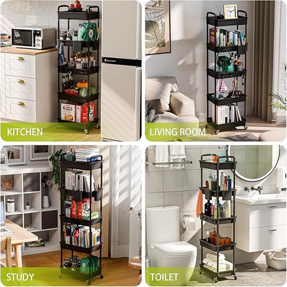 5 Tier Rolling Cart Organizer,Bathroom Cart Organizers with Wheels Laundry Room Organization Mobile Shelving Unit Utility Cart Storage Shelves Multi-Functional for Office, Home(Black)