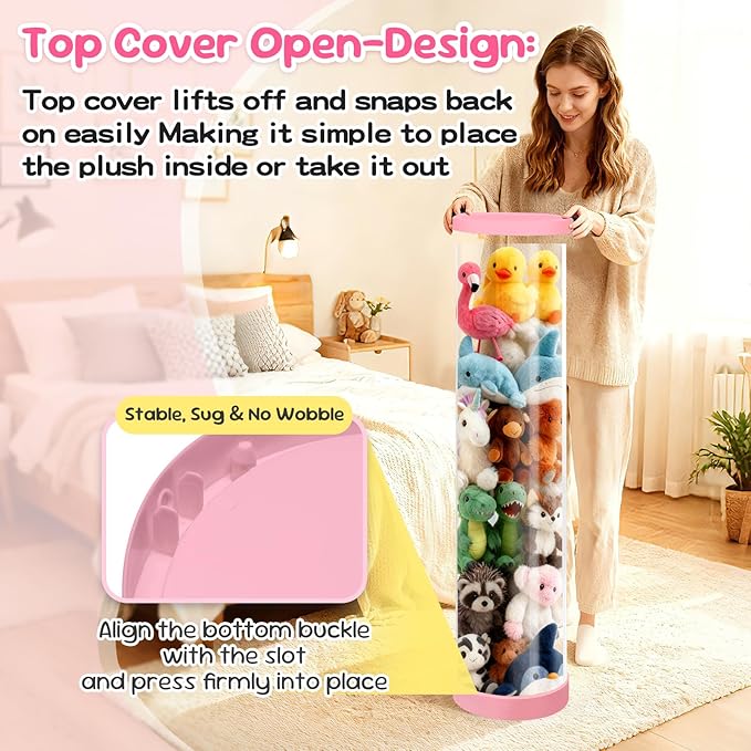 Stuffed Animal Storage Tube, 47x11 Inch Large Capacity Toy Storage Organizer with Zipper - Easy Assembly & Space Saving for Plush Toys, Ideal for Playrooms Living Room Bedrooms Cute Pink