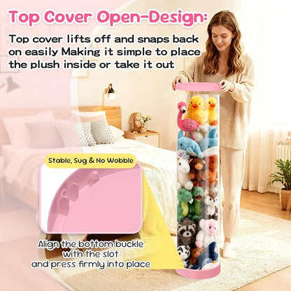 Stuffed Animal Storage Tube, 47x11 Inch Large Capacity Toy Storage Organizer with Zipper - Easy Assembly & Space Saving for Plush Toys, Ideal for Playrooms Living Room Bedrooms Cute Pink