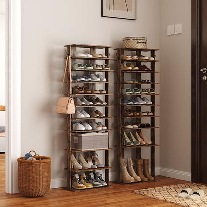 HOMEFORT 10-Tier Vertical Shoe Rack, Corner Shoe Tower, Double Rows 10 Tiers Shoe Shelf, Slim Shoe Storage Unit for 20 Pairs of Shoes, Shoe Stand for Entryway, Hallway, Closet (Rustic Brown)