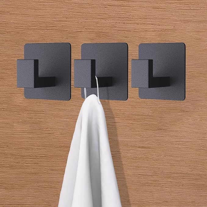 VAEHOLD 6 Pack Adhesive Towel Hooks, Heavy Duty Wall Hooks Aluminum Black Hooks for Hanging Coat, Hat, Towel, Robe, Clothes, Shower Hook for Door, Office, Kitchen, Bathroom (Black)