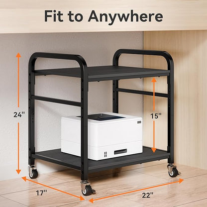 niffgaff 2 Tier Under Desk Printer Stand with Storage, 22" Rolling Printer Cart with Lockable Wheels, Height Adjustable Shelf for Home Office, Black