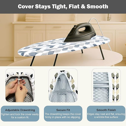 Small Ironing Board Cover and Pad 12"x32" Small Iron Board Cover with Padding,Tabletop Mini Ironing Board Cover and Pad Small Size, Cotton Canvas, Heat Resistant, Drawstring Closure Foliage