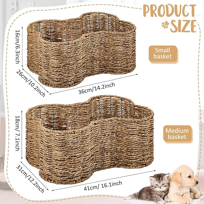 Maxcheck 2 Pcs Dog Toy Basket Bone Shaped Dog Toy Box Bin Handmade Wicker Bone Shaped Basket for Pet Storage Organizer, 2 Sizes 16. 1 x 12. 2 x 7. 1 Inch, 14. 2 x 10. 2 x 6. 3 Inch