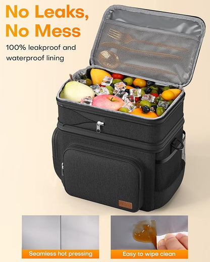 HOTOR Lunch Box for Men and Women - Leak-Proof Insulated Lunch Cooler Bag with Adjustable Strap, Multiple Pockets for Office, Picnic, Hiking, Beach, 2 Layer, 32L, Black, 14.6" x 10.7" x 13.0"