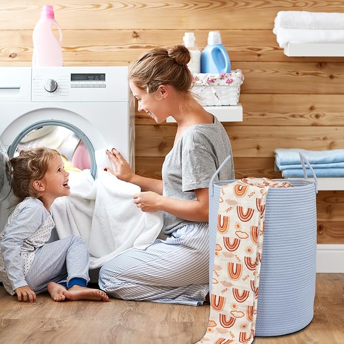 Cotton Rope Laundry Basket Hamper for Clothes Woven Storage Basket for Living Room Bedroom Boho Tall Rope Baskets for Blanket Toys Pillow Towels Baby Nursery Hamper Bin light blue Large