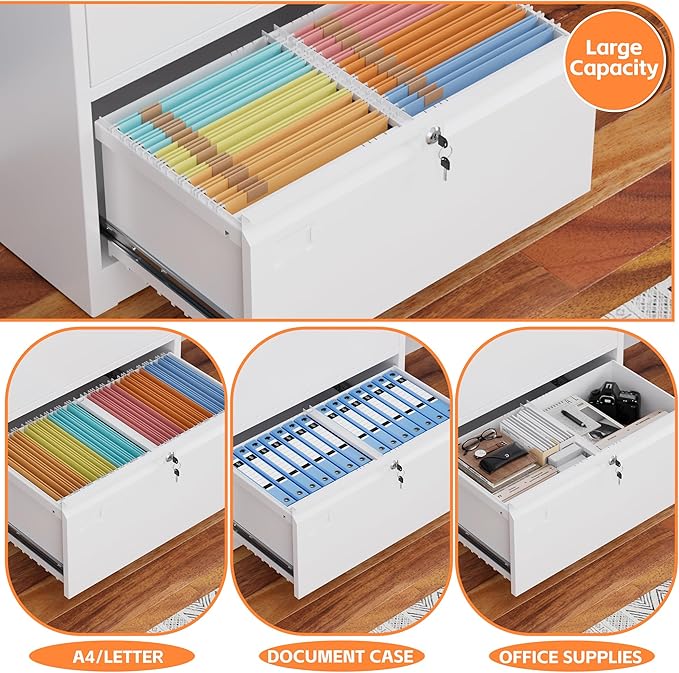 Metal Lateral File Cabinet with 3 Drawers,Wide Metal Filing Cabinet with Lock,Metal File Cabinet for Letter/Legal/A4, Assembly Required,White