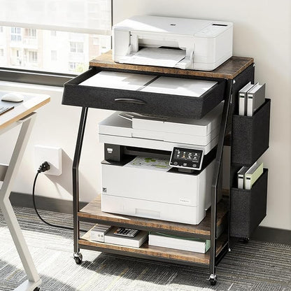 Housolution 22.05" x 18.9" Large Printer Stand with Storage, 3 Tier Printer Table with Fabric Drawer & Charging Station, Heavy Duty Home Office Rolling Stand for Scanner, Fax, Paper Shredder