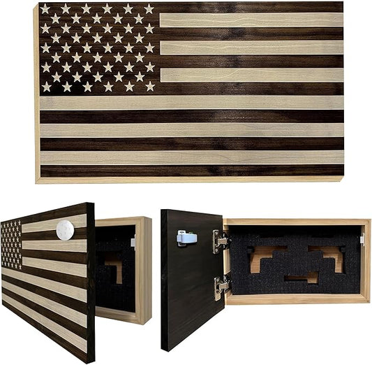 American Flag Hidden Gun Safe - Quick Access Hidden Gun Shelf - Concealment Shelf with Magnetic Lock - Wall Gun Safe for Secure Firearm Storage - Handcrafted In USA by Bellewood Designs (Dark Walnut)