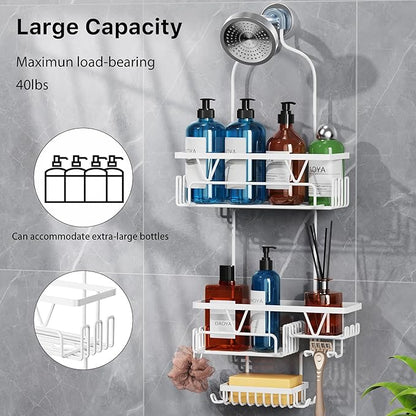 Over the Shower Head Caddy, White Shower Caddy Hanging, 3 Tier Anti-Swing Bathroom Organizer with Soap Holder & Hooks