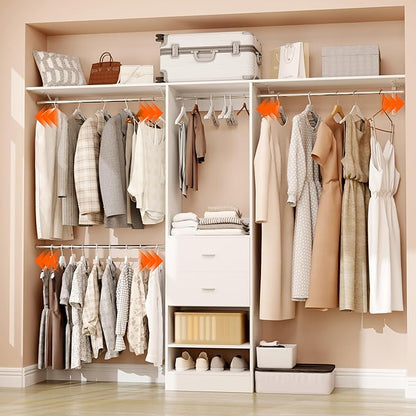 Closet System, 4Ft-9Ft Closet Organizer System With 2 Wooden Drawers, Walk-In Closet Storage System With 5 Expandable Hanging Rods, Adjustable Cloth Garment Rack from 4 to 9FT, White