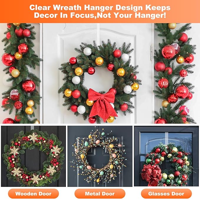 15'' Wreath Hangers for Front Door,Clear Wreath Door Hanger Hook Non Scratch Wreath Hanger,1 Pack Sturdy Over The Door Hooks for Hanging Large Christmas Easter Wreath Welcome Sign for Front Door