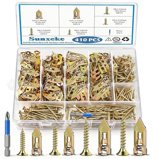 410 PCS Self Drilling Drywall Anchors with Screws Kit - 2 Sizes Sheetrock Anchors & 4 Sizes Zinc Expansion Screws,2025 Upgraded Zinc Plated Steel,No Drill Needed, Holds Up to 66LB on Walls