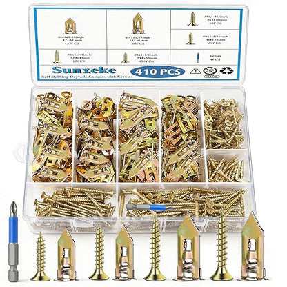 410 PCS Self Drilling Drywall Anchors with Screws Kit - 2 Sizes Sheetrock Anchors & 4 Sizes Zinc Expansion Screws,2025 Upgraded Zinc Plated Steel,No Drill Needed, Holds Up to 66LB on Walls