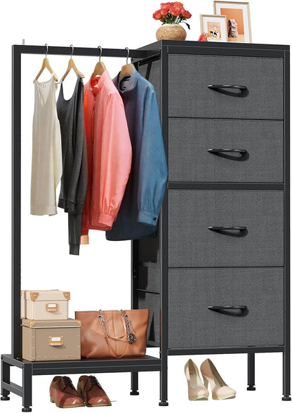 Dresser with Hanging Rack, 4 Drawers Small Closet for Bedroom, Reversible Fabric Kids Chest of Drawers with Clothes Rack, Tall Storage Tower, Sturdy Frame, Grey, 44''H