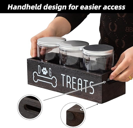Dog Treat Container Wood Cat Treat Holder for Counter Cat Treat Organizer Dog Food Storage Organizer with 3 Dog Cookie Jars Farmhouse Decor Box Brown