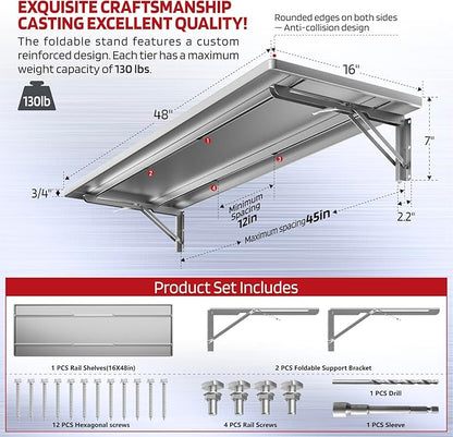 1.3x4FT Adjustable Garage Shelf Wall Mounted Fold Down Shelf Metal Heavy Duty Sliver 1Pack