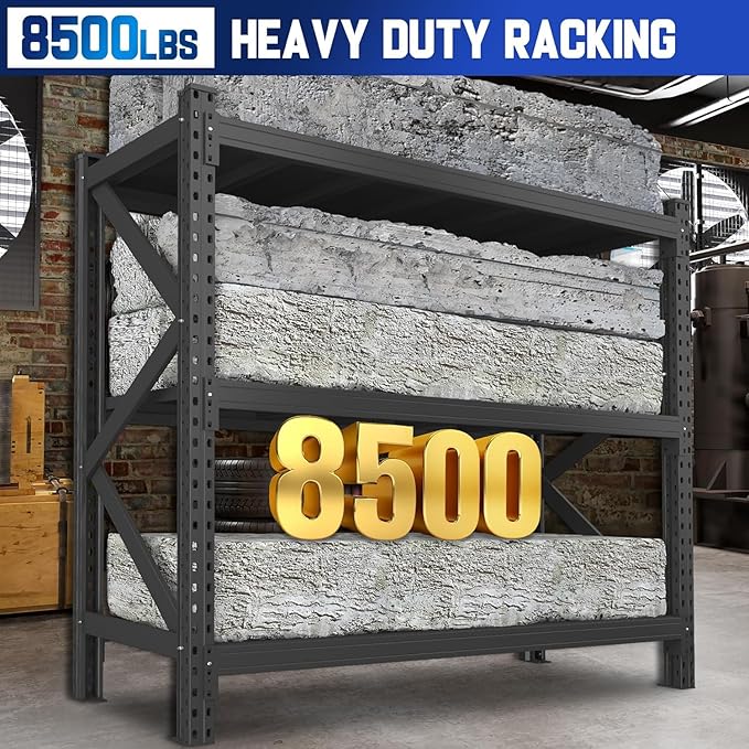 67” W Storage Shelves 8500Lbs Heavy Duty Adjustable Metal Garage Shelving Unit Rack Metal Storage Shelf for Heavy Tools and Equipment, Ideal for Garage, Basement, Black, 67" W X 20" D X 63" H