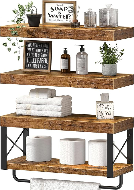 QEEIG Bathroom Shelves Over Toilet - Floating Shelf for Wall Toilet Paper Storage Farmhouse 16 inch Set of 3, Rustic Brown (029-40BN3)
