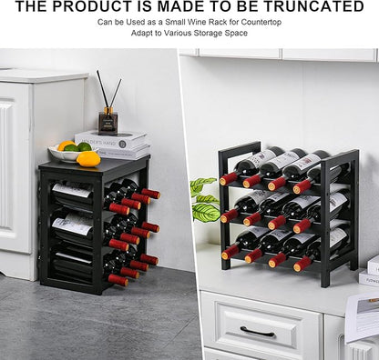 VASMIA Wine Rack Freestanding Floor, 6-Tier Display Wine Storage Shelves with Table Top, 24-Botttle Bamboo Wine Rack Shelf for Kitchen Bar Dining Room Living Room, Black