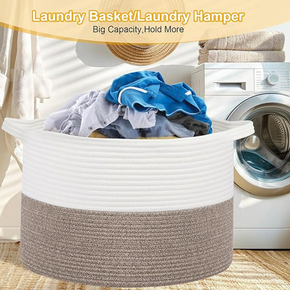 Large Laundry Basket 22''x14''Woven Cotton Rope Baby Blanket Basket for Living Room Girl Laundry Hamper Toy storage Baby basket Nursery Hamper Storage Bin (White+Brown)
