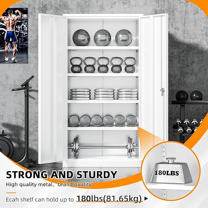 INTERGREAT White Metal Storage Cabinet Doors, 72" Locking Steel Storage Cabinet with Shelves, Tall Metal Cabinet Lockable Steel Cabinets for Home Office