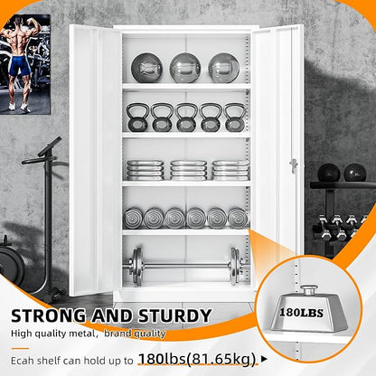 INTERGREAT White Metal Storage Cabinet Doors, 72" Locking Steel Storage Cabinet with Shelves, Tall Metal Cabinet Lockable Steel Cabinets for Home Office
