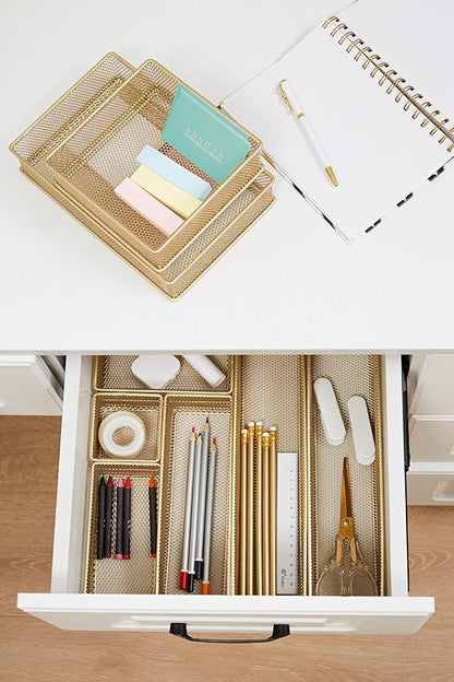 Annova Mesh Stackable Drawer Cabinet and Shelf Organizer Bins Storage Basket School Office Supply Holder Tray- Set of 2 (Gold, 6x9x2 Inch)