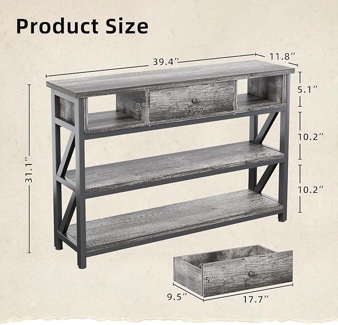 Mexin 39 Inch Console Sofa Table with Drawer, Entryway Table with Storage Shelves, Industrial Wood Hallway Table for Living Room, Couch, Foyer, Kitchen Counter, Grey Oak