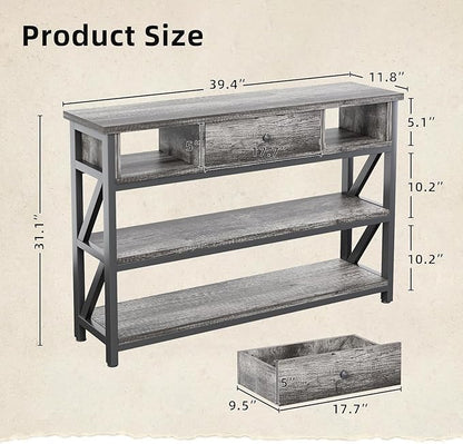 Mexin 39 Inch Console Sofa Table with Drawer, Entryway Table with Storage Shelves, Industrial Wood Hallway Table for Living Room, Couch, Foyer, Kitchen Counter, Grey Oak