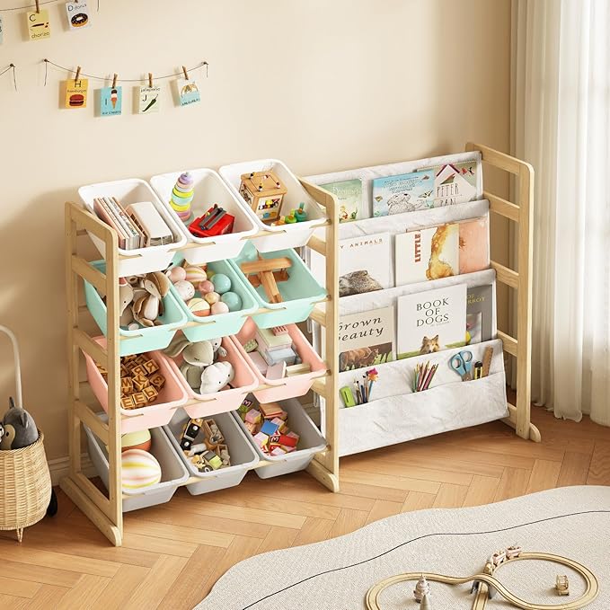 Toy Storage Organizer with Bookshelf - 12 Storage Bins 4-Tier Multipurpose Shelf to Organize Toys and Books for Kids Room, Playroom, Nursery Room, Multi-Color