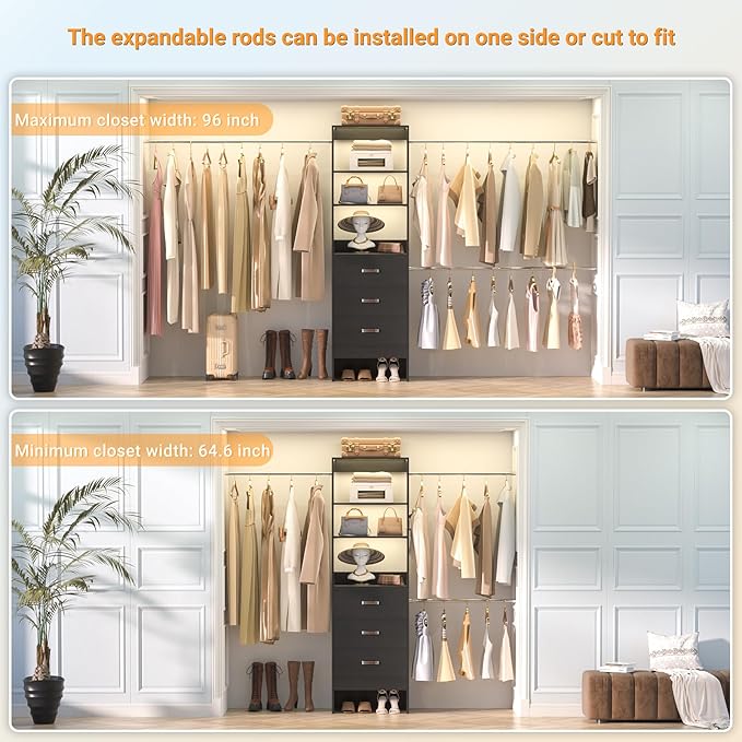96'' Closet Organizer System with 3 Hanging Rods, 8FT Closet Organizers and Storage with 3 Wooden Drawers, Built in Closet Organizer Systems, Adjustable Walk-in Wardrobe from 5-8FT, Black