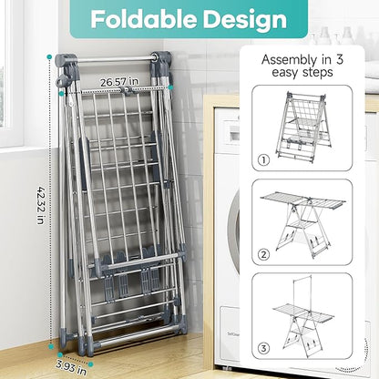 APEXCHASER Clothes Drying Rack with High Hanger, Foldable 3-Level Drying Racks with Shoe Rack, Crossbar and Vertical Rod Laundry Stand with Adjustable Wings Grey