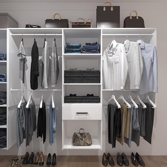 Wall Mounted Closet System, with Hanging Rod and All Hardware Kits, Large Garment Rack Shelves and One Drawer, Need to be Assembled, MDF with White Color for Bedroom and Closet