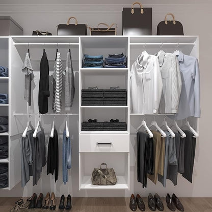 Wall Mounted Closet System, with Hanging Rod and All Hardware Kits, Large Garment Rack Shelves and One Drawer, Need to be Assembled, MDF with White Color for Bedroom and Closet