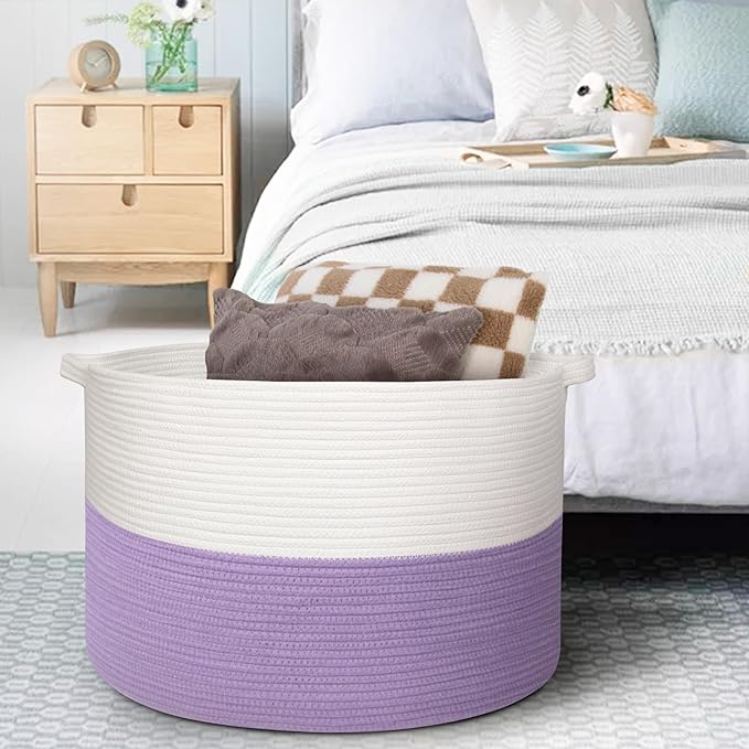 Large Purple Rope Storage Basket, 22x14 Inches Wicker Woven Baskets for Storage, Baby Laundry Hamper, Towel Blanket Toy Bin Organizer, Purple Living Room Decor, Big Basket for Gifts Empty
