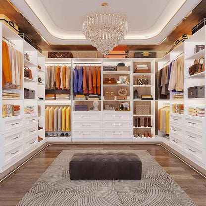 Closet System with 3 Sets, 6.5-16FT Corner Closet Organizer System with 6 Drawers & 11 Shelves & 6 Hanging Rods, Custom L-Shaped Modular Walk-in Closet Organizers and Storage System Corner, White