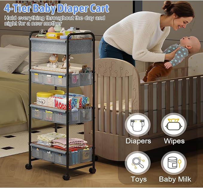 4-Tier Rolling Sorage Cart,Baby Diaper Caddy Organizer, Nursery Baby Storage with Wheels, 2 Dividers & 21 Pockets，Metal Utility Cart for Nursery, Crib, Bedroom, Art & Craft Organizers