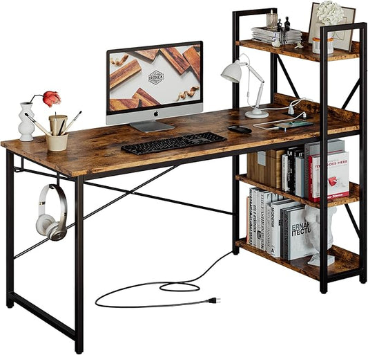 IRONCK Computer Desk 55" with Power Outlet and Storage Shelves, Study Writing Table with USB Ports Charging Station, PC Desk Workstation for Home Office, Rustic Brown