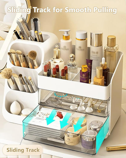 Makeup Organizer with Drawers, Skincare Organizer (Large Size Thick), Storage Box Cosmetic Display Cases, Make up Organizers for Vanity, Dresser, Desk, Kitchen, Countertop (White)