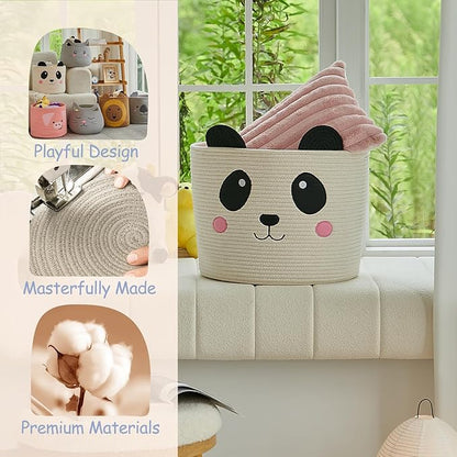 OMERAI Cotton Rope Storage Basket with Panda Design, 15"D x 12.6"H, Portable, Foldable, Multifunctional Laundry Basket