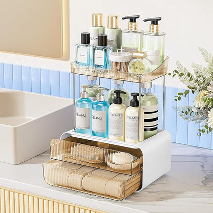 Delamu Bathroom Counter Organizer 2-Drawers 2-Tier Acrylic Makeup Organizer for Vanity Countertop, Skincare Perfume Storage, Easy Assembly, Ideal for Women, Bath Linen Sets, Amber