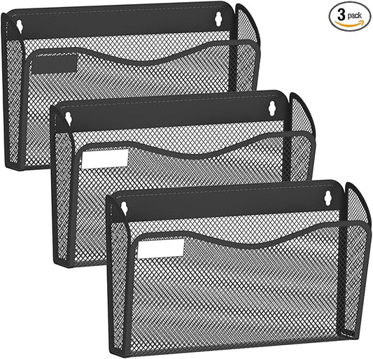 Wall File Organizer, Mesh Hanging File Organizer, Home Office Organization and Storage, 3 Single Pockets Document Magazine Rack
